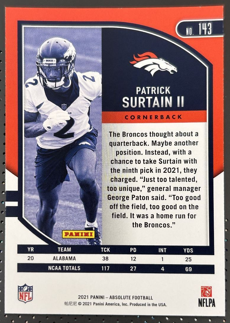 2021 Panini Absolute Rookie Foil Patrick Surtain II Rookie Denver Broncos #143