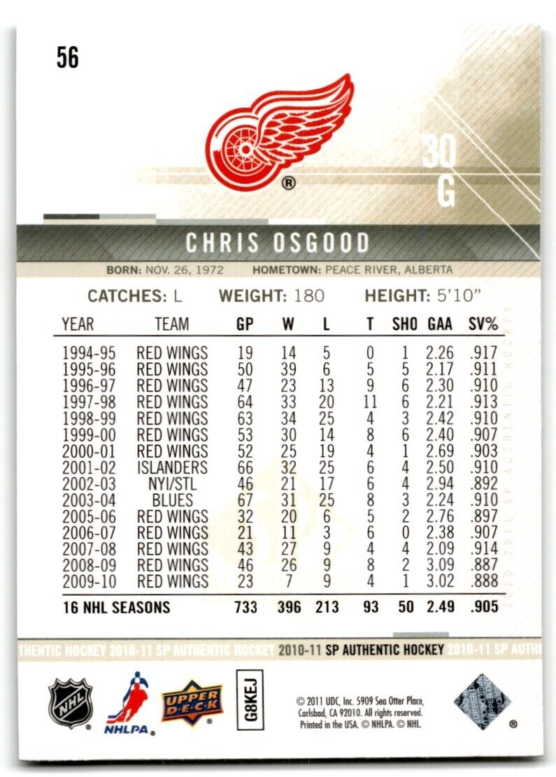 2010-11 SP Authentic Chris Osgood Detroit Red Wings #56