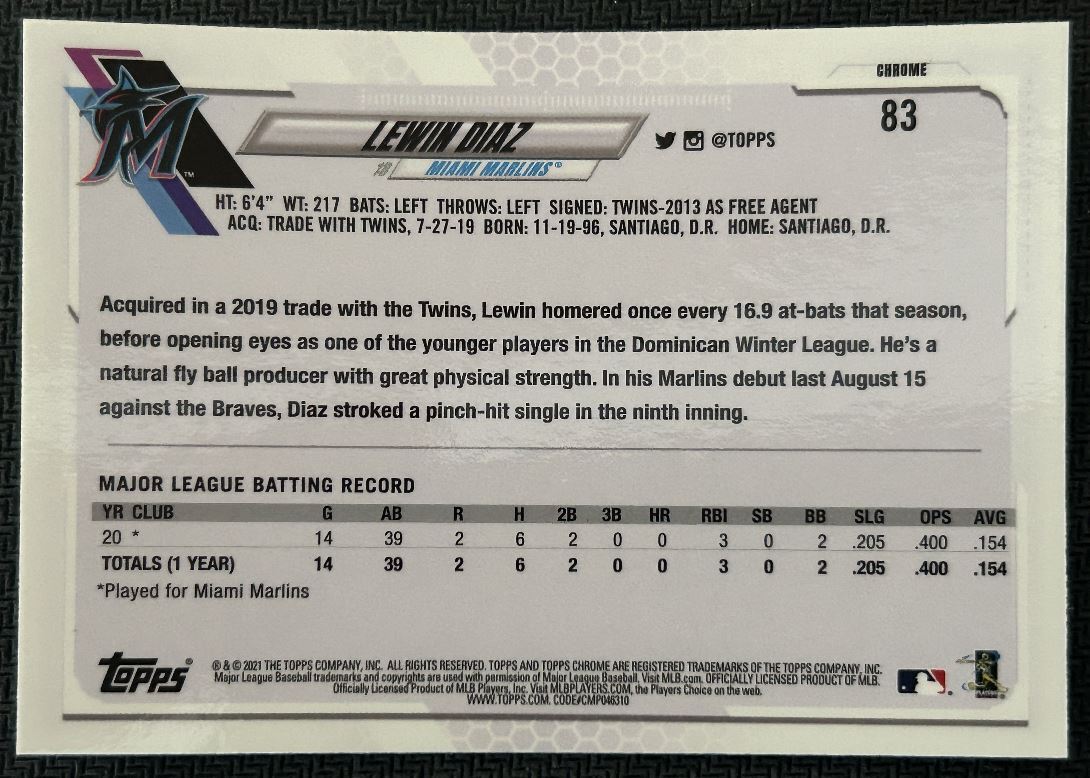 2021 Topps Chrome Lewin Diaz Rookie Miami Marlins #83