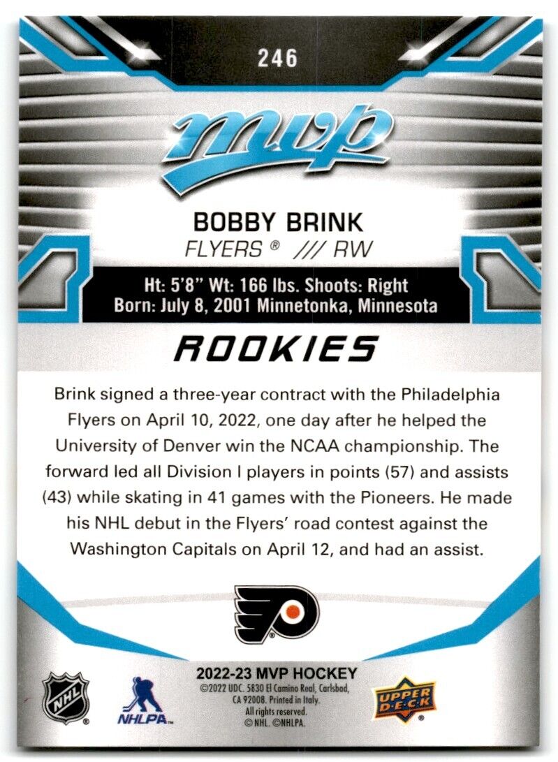 2022-23 Upper Deck MVP Bobby Brink Rookie Philadelphia Flyers #246