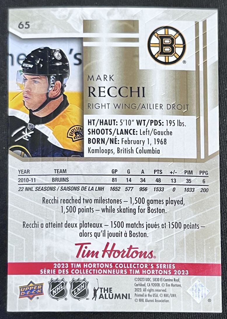 2023-24 Upper Deck Tim Hortons Legends Tim Horton Mark Recchi Boston Bruins #65