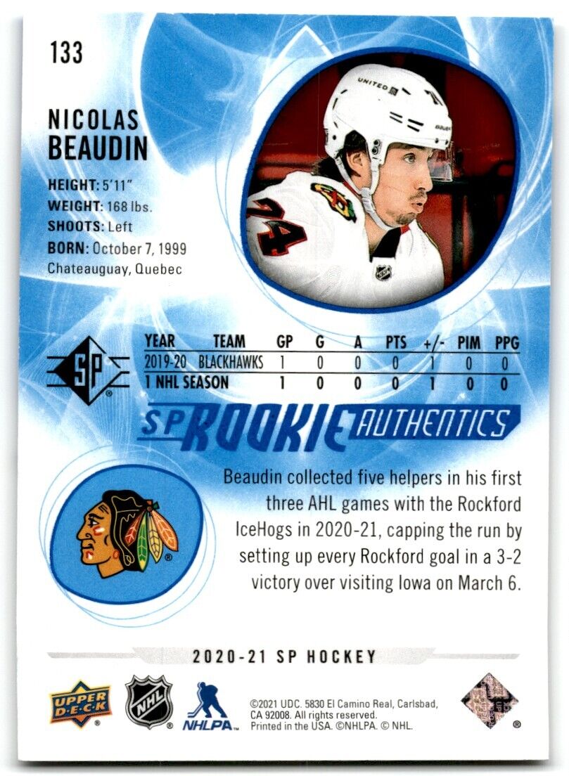 2020-21 Upper Deck Rookie SP Authentic Nicolas Beaudin Rookie Chicago Blackhawks