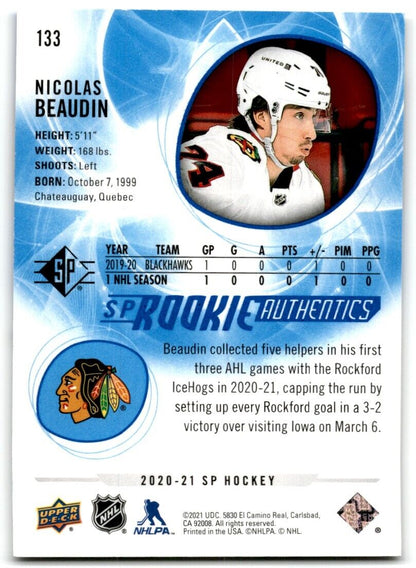 2020-21 Upper Deck Rookie SP Authentic Nicolas Beaudin Rookie Chicago Blackhawks