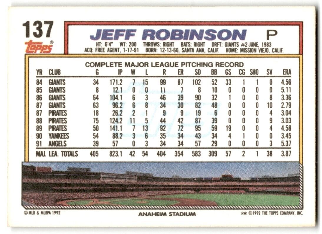 1992 Topps Jeff Robinson California Angels #137