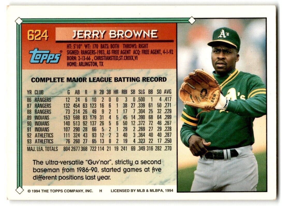 1994 Topps Jerry Browne Oakland Athletics #624