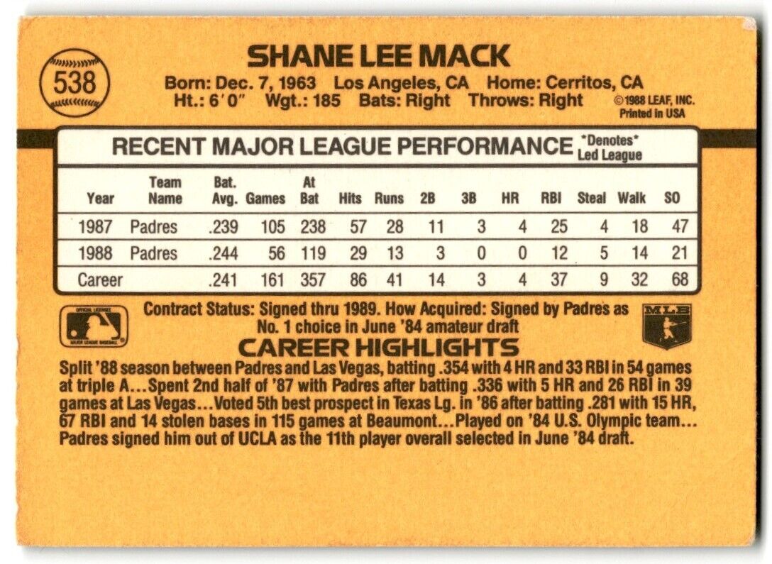 1989 Donruss Shane Mack San Diego Padres #538