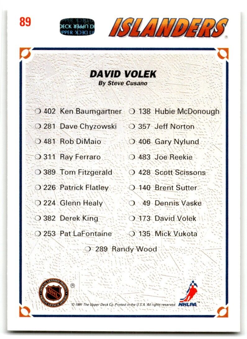 1991-92 Upper Deck Collector's choice David Volek New York Islanders #89A