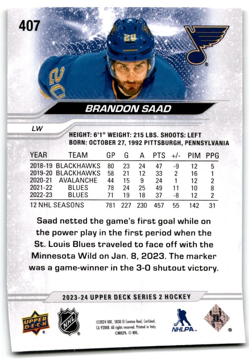 2023-24 Upper Deck Brandon Saad St. Louis Blues #407