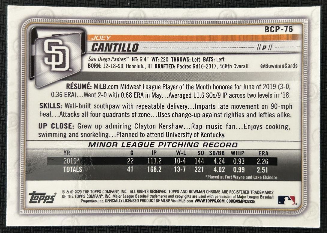 2020 Bowman Chrome Prospects Joey Cantillo San Diego Padres #BCP-76