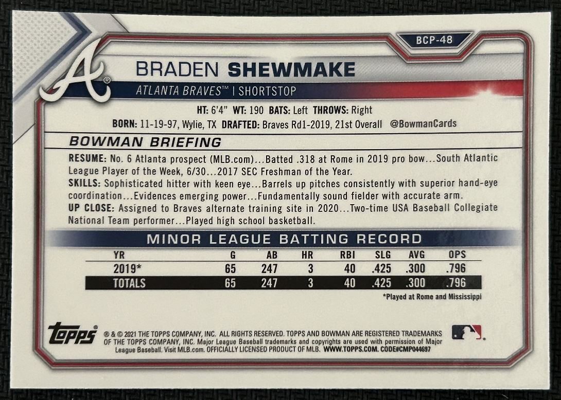 2021 Bowman Chrome Prospects Mojo Refractor Braden Shewmake Atlanta Braves