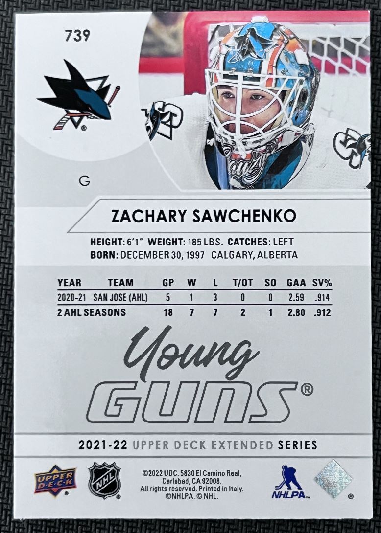 2021-22 Upper Deck Zachary Sawchenko Rookie San Jose Sharks #739