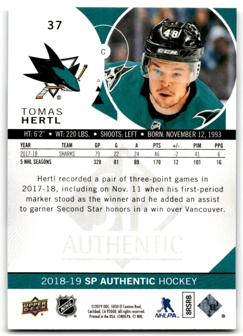 2018-19 SP Authentic Tomas Hertl San Jose Sharks #37