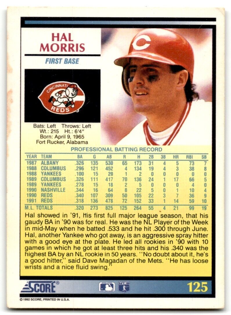 1992 Score Hal Morris Cincinnati Reds #125