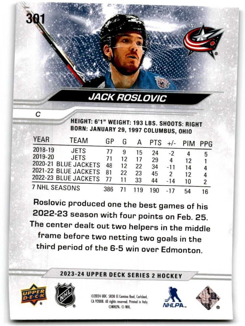 2023-24 Upper Deck Jack Roslovic Columbus Blue Jackets #301