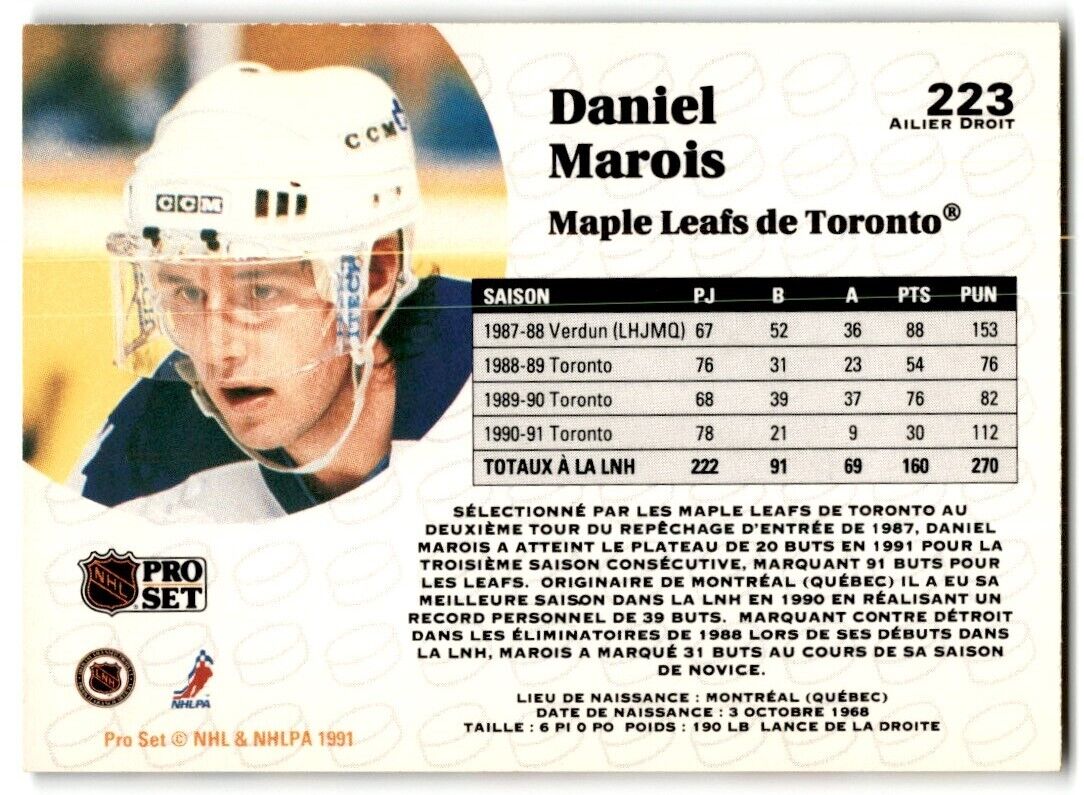 1991-92 Pro Set French Daniel Marois Toronto Maple Leafs #223