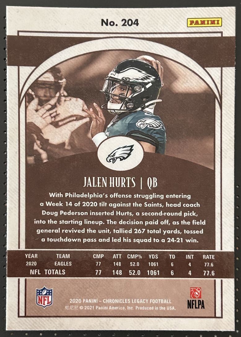 2020 Panini Chronicles Jalen Hurts Rookie Philadelphia Eagles #204