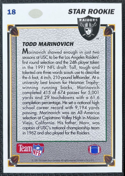 1991 Upper Deck Todd Marinovich Rookie Los Angeles Raiders #18