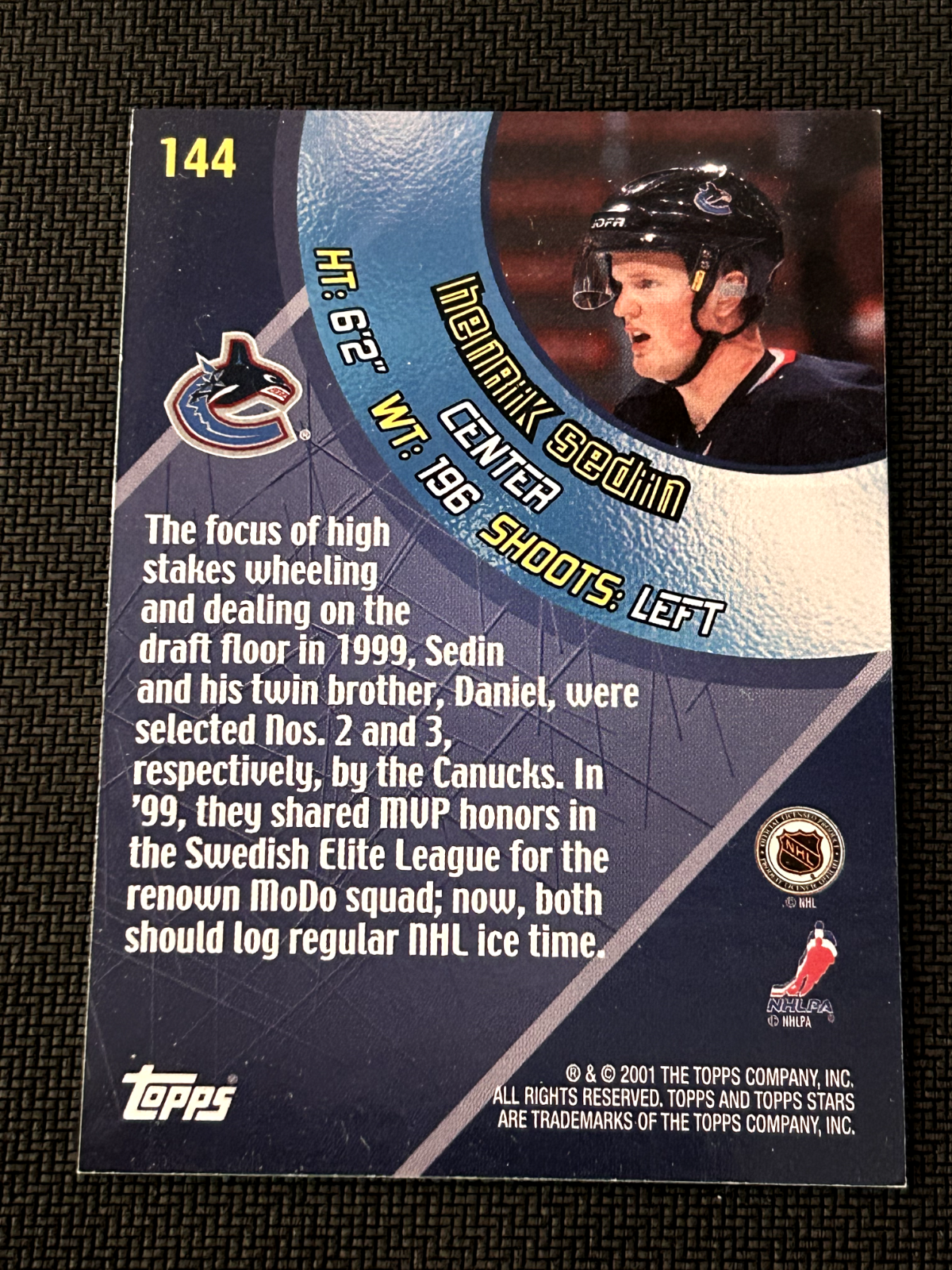 2000-01 Topps Stars Canucks Hockey Card #144 Henrik Sedin