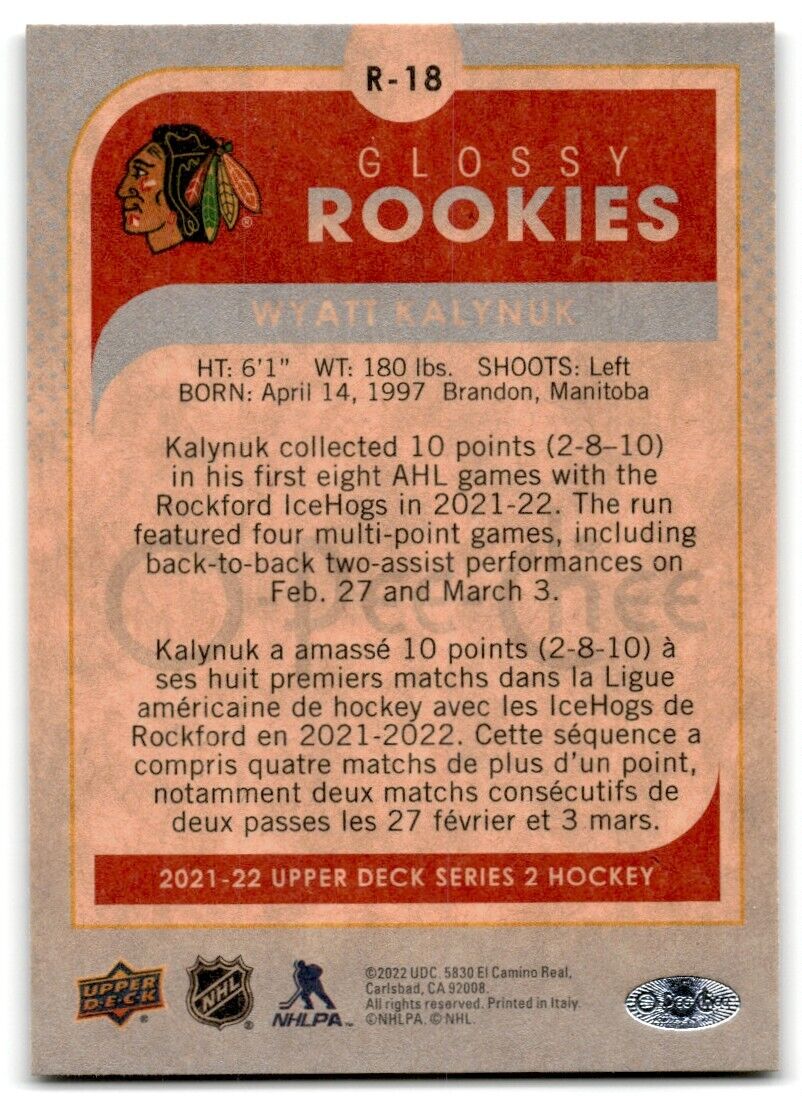 2021-22 O-Pee-Chee Glossy Rookies Wyatt Kalynuk Rookie Chicago Blackhawks #R-18