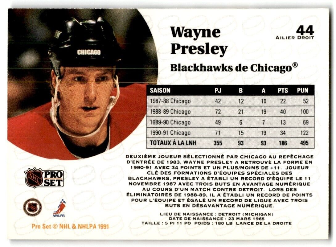 1991-92 Pro Set French Wayne Presley Chicago Blackhawks #44