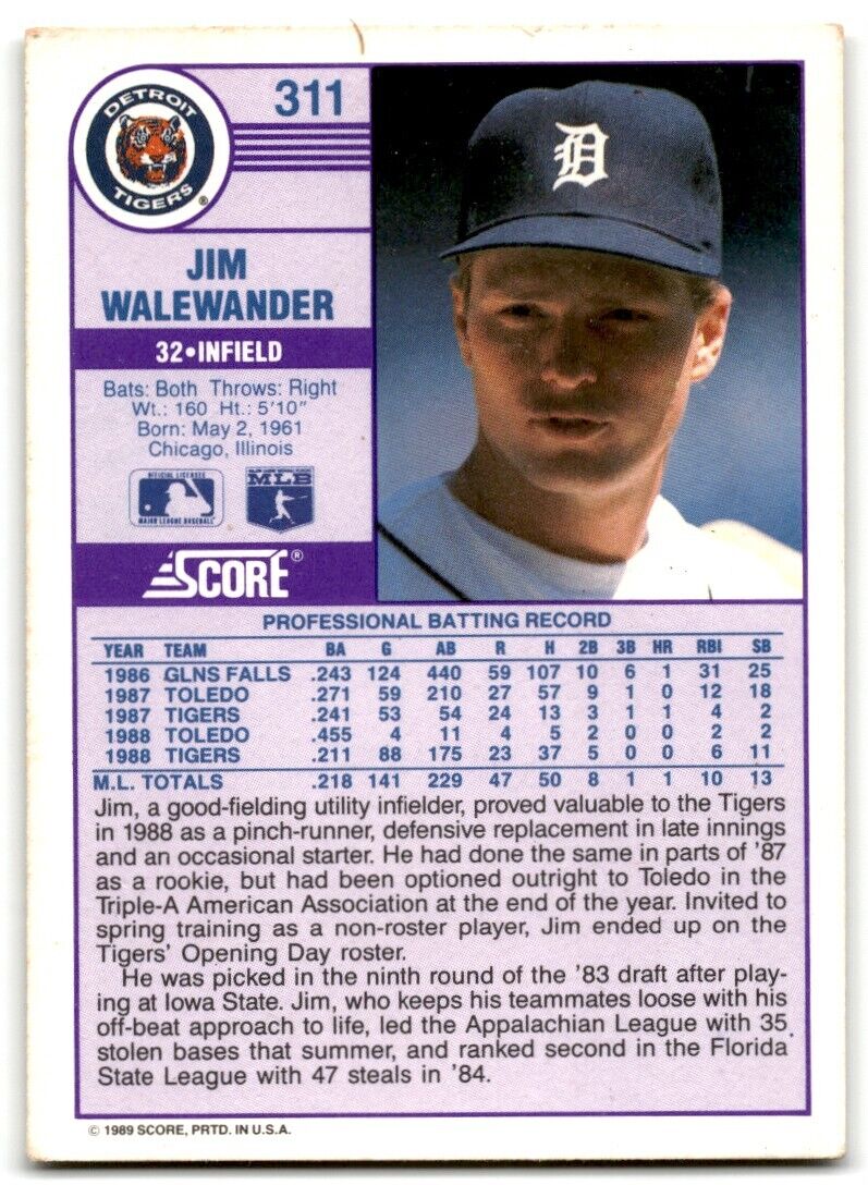 1989 Score Jim Walewander Detroit Tigers #311