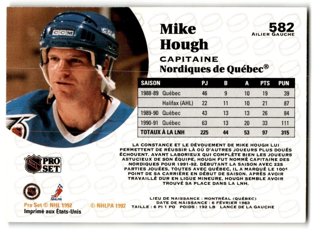 1991-92 Pro Set Mike Hough Quebec Nordiques #582