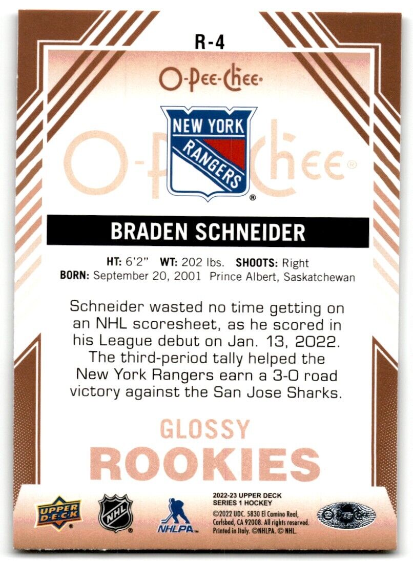 2022-23 Upper Deck O-Pee-Chee Glossy Rookies Braden Schneider Rookie New York