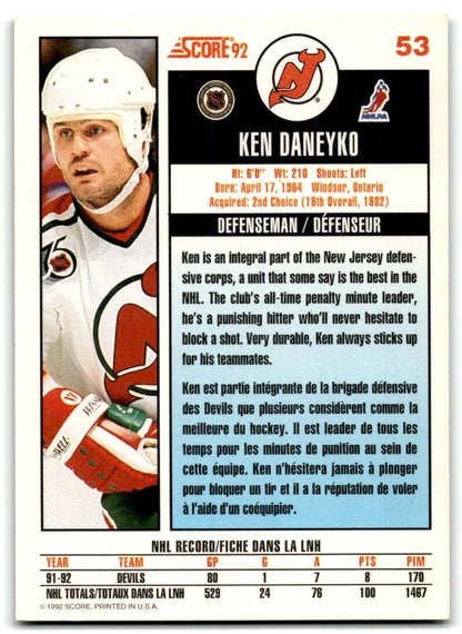 1992-93 Score Ken Daneyko New Jersey Devils #53