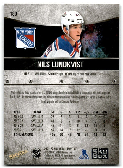 2021-22 Skybox Metal Universe Nils Lundkvist Rookie New York Rangers #189