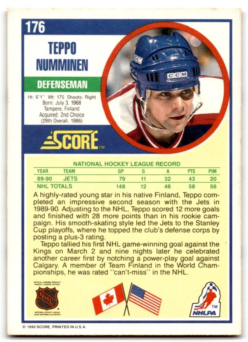 1990-91 Score Teppo Numminen Rookie Winnipeg Jets #176