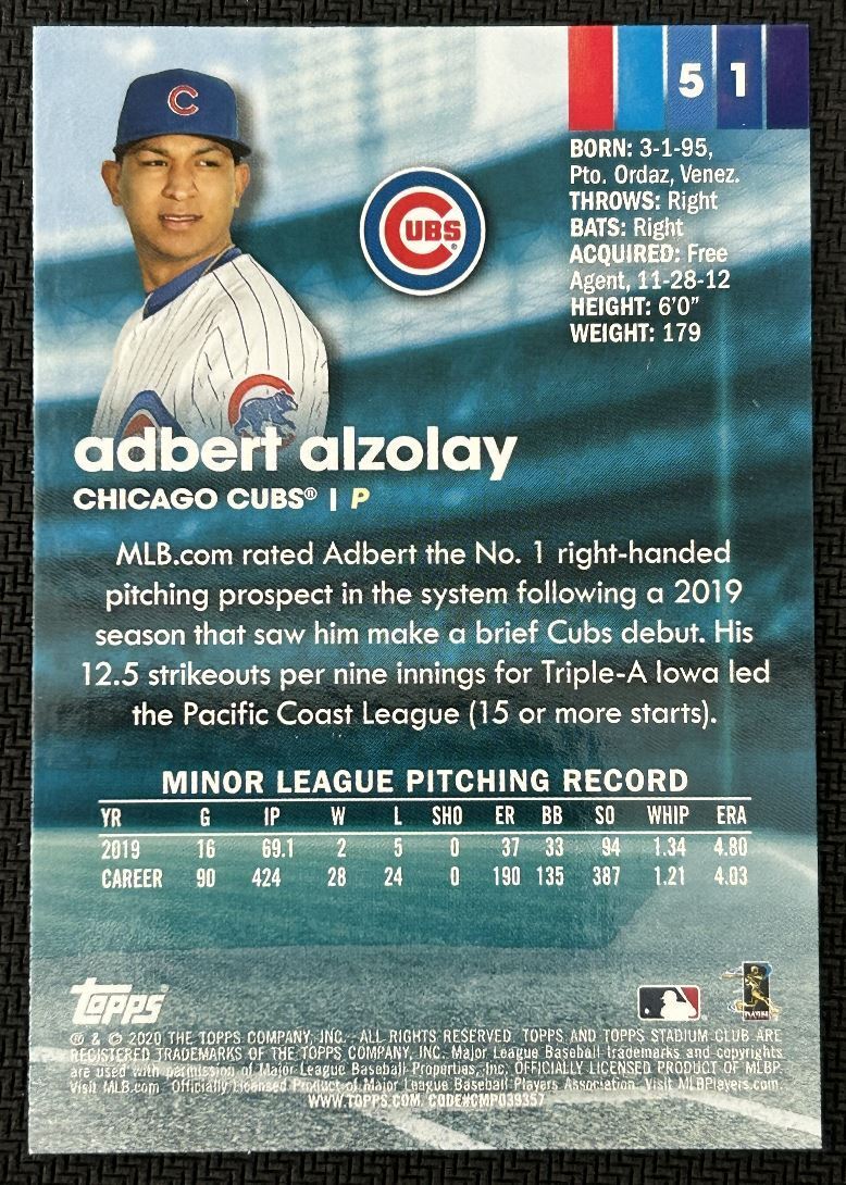 2020 Stadium Club Adbert Alzolay Rookie Chicago Cubs #51