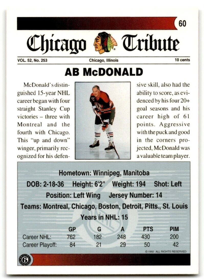 1991-92 Ultimate Original 6 Ab McDonald Chicago Blackhawks #60