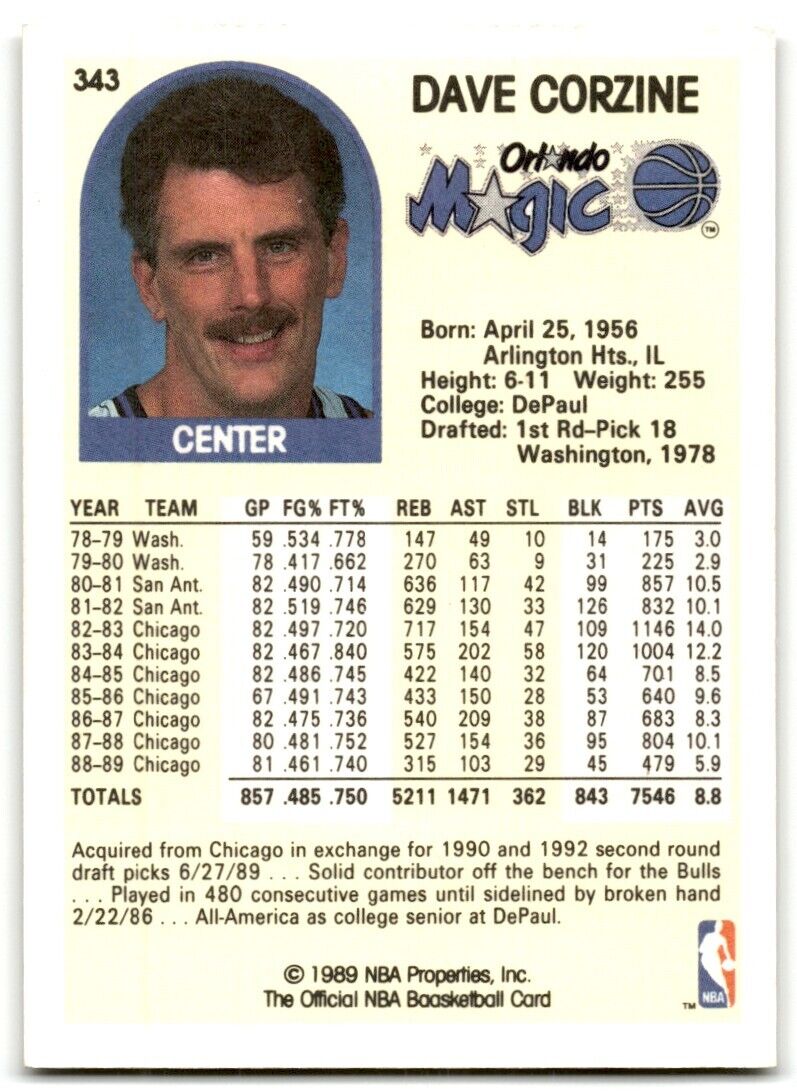 1989-90 Hoops Dave Corzine Orlando Magic #343