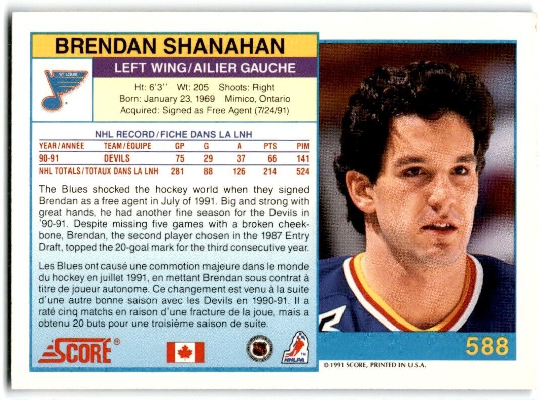 1991-92 Score Canadian Bilingual Brendan Shanahan St. Louis Blues #588