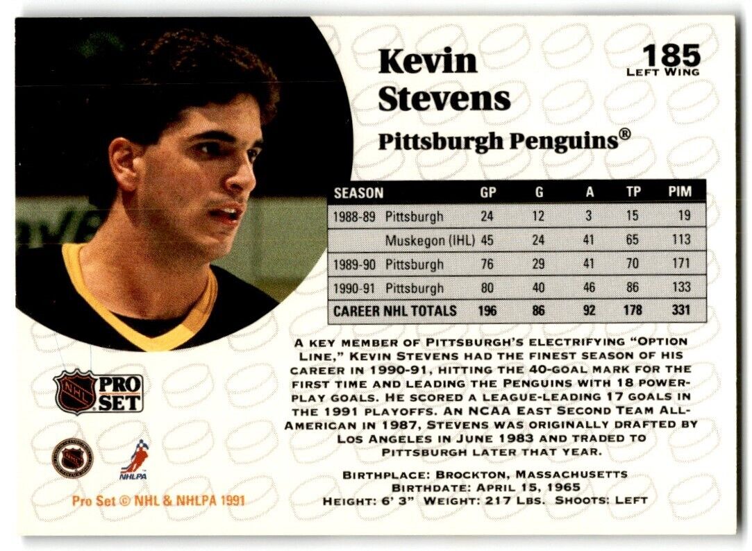 1991-92 Pro Set Kevin Stevens Pittsburgh Penguins #185