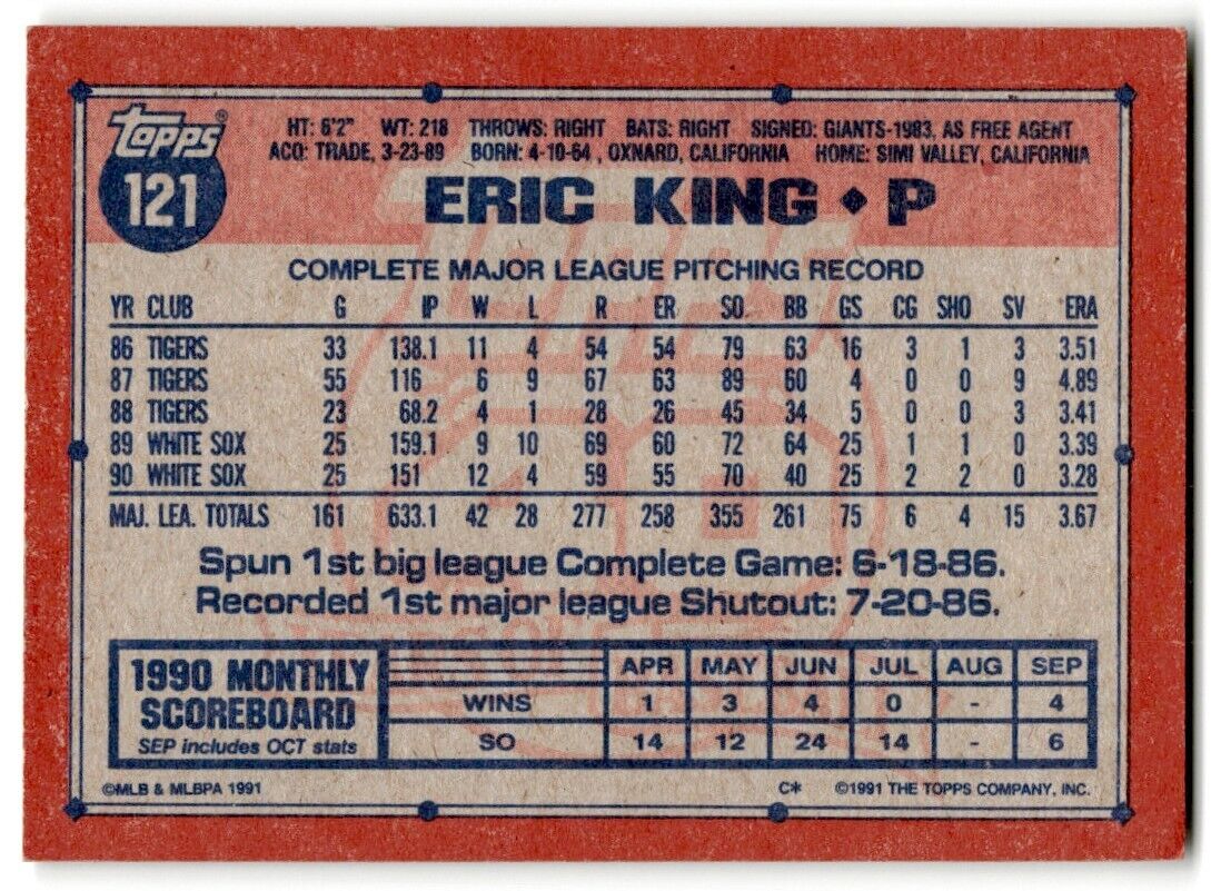 1991 Topps Eric King Chicago White Sox #121