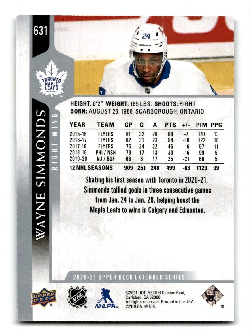 2020-21 Upper Deck Wayne Simmonds Toronto Maple Leafs #631