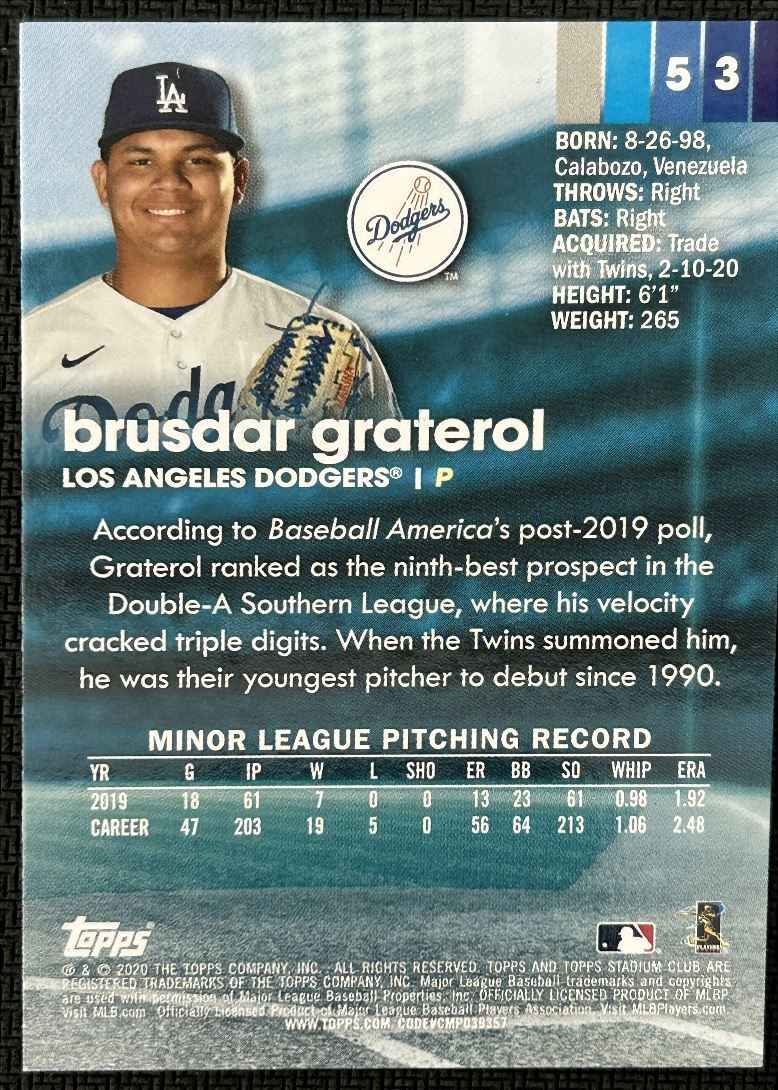 2020 Topps Stadium Club Brusdar Graterol Rookie Los Angeles Dodgers #53