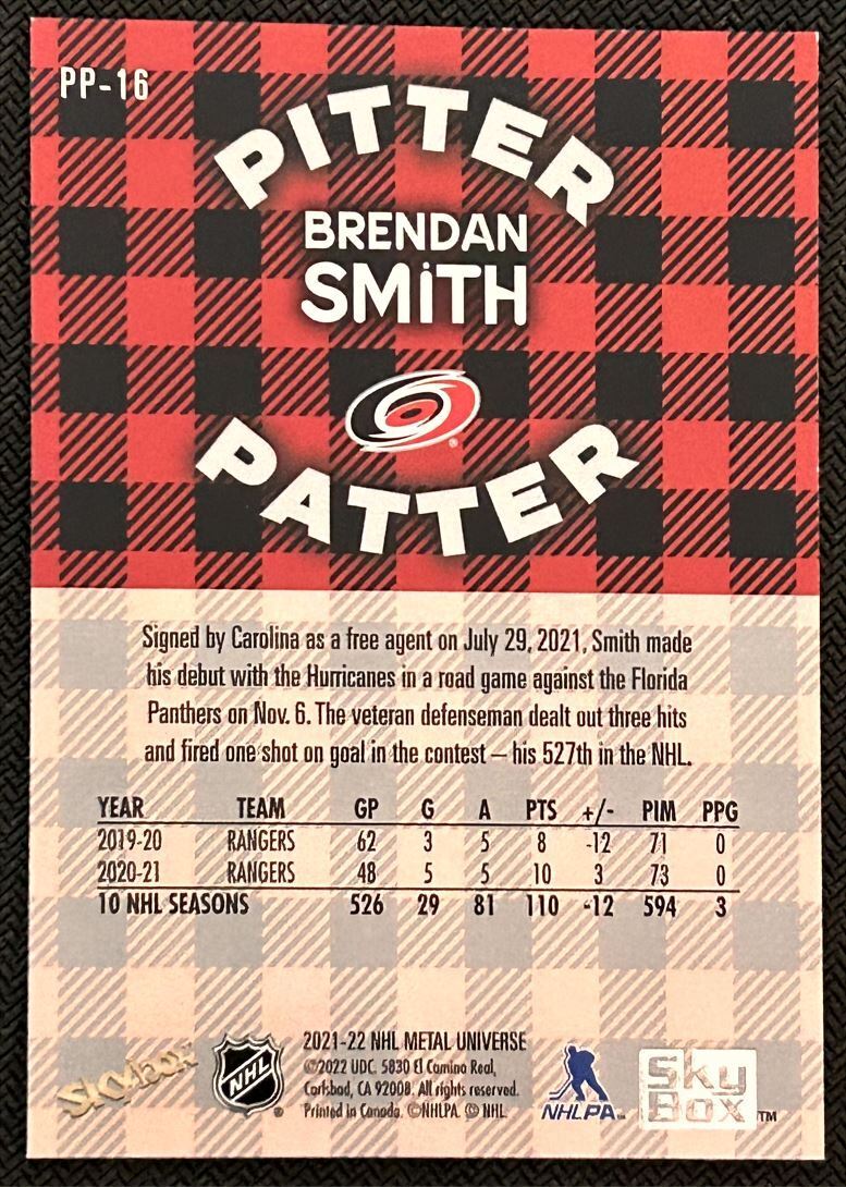 2021-22 Skybox Metal Universe Pitter Patter Brendan Smith Carolina Hurricanes