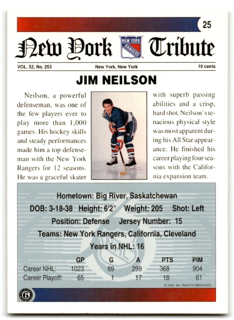 1991-92 Ultimate Original 6 Jim Neilson New York Rangers #25