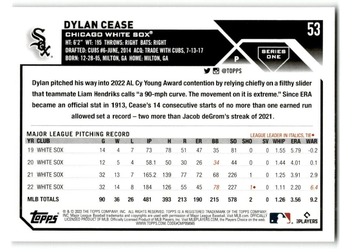 2023 Topps Dylan Cease Chicago White Sox #53