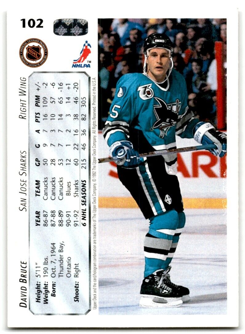 1992-93 Upper Deck David Bruce San Jose Sharks #102B