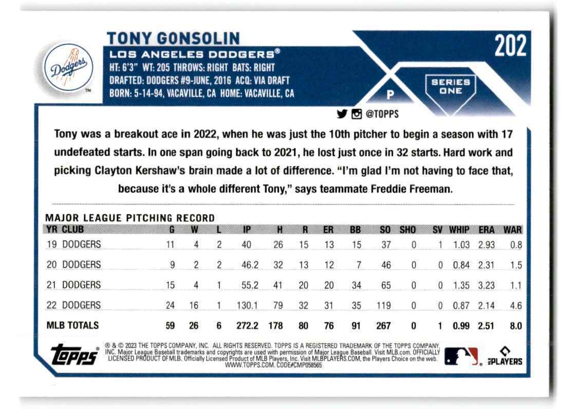 2023 Topps Tony Gonsolin Los Angeles Dodgers #202