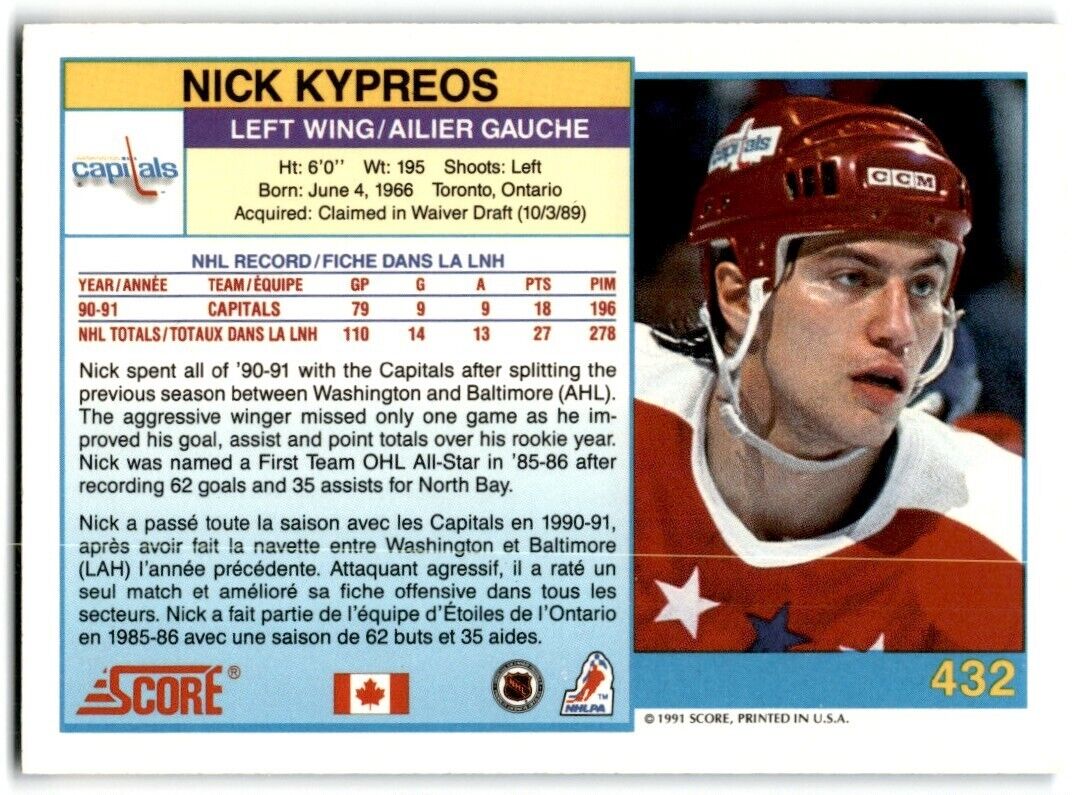 1991-92 Score Canadian Nick Kypreos Washington Capitals #432