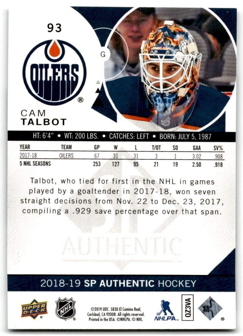 2018-19 SP Authentic Cam Talbot Edmonton Oilers #93