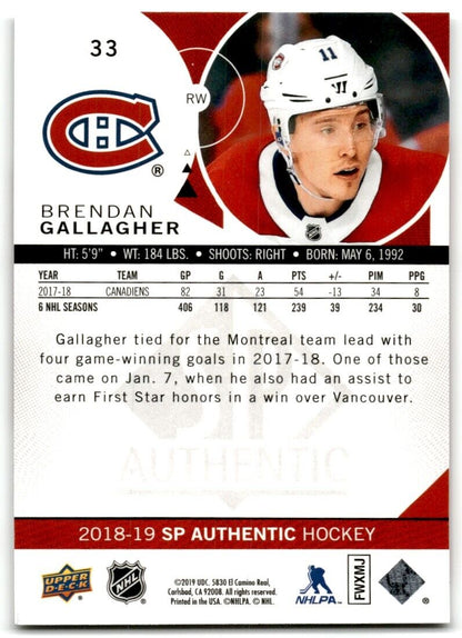 2018-19 SP Authentic Brendan Gallagher Montreal Canadiens #33