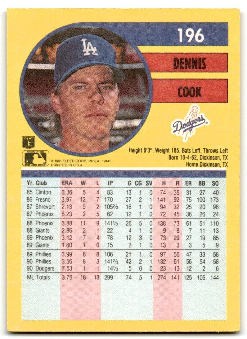 1991 Fleer Dennis Cook Los Angeles Dodgers #196