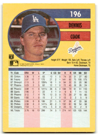 1991 Fleer Dennis Cook Los Angeles Dodgers #196