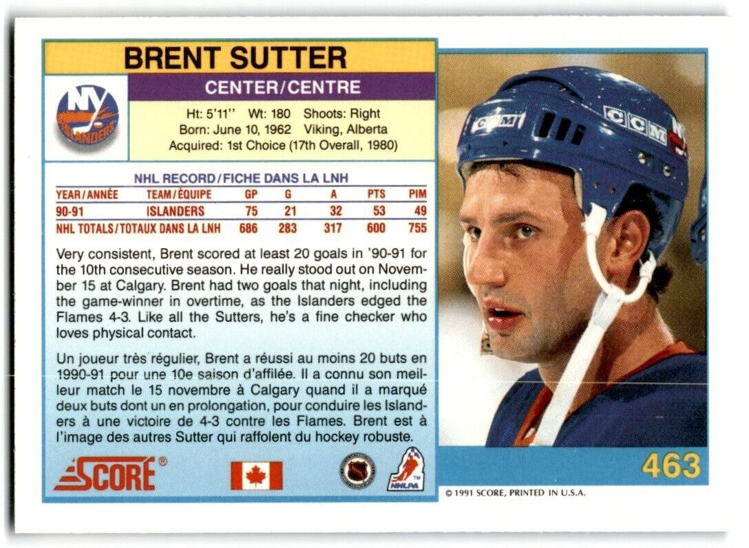 1991-92 Score Canadian Bilingual Brent Sutter New York Islanders #463