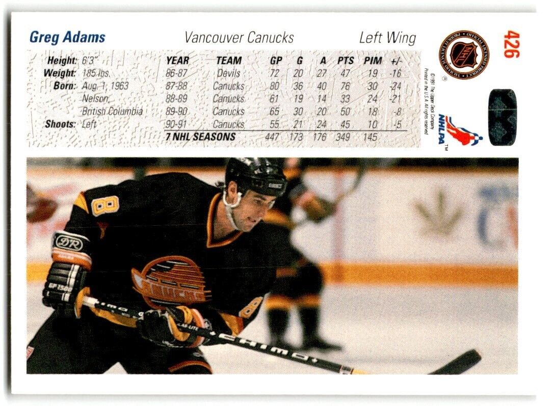 1991-92 Upper Deck Greg Adams Vancouver Canucks #426